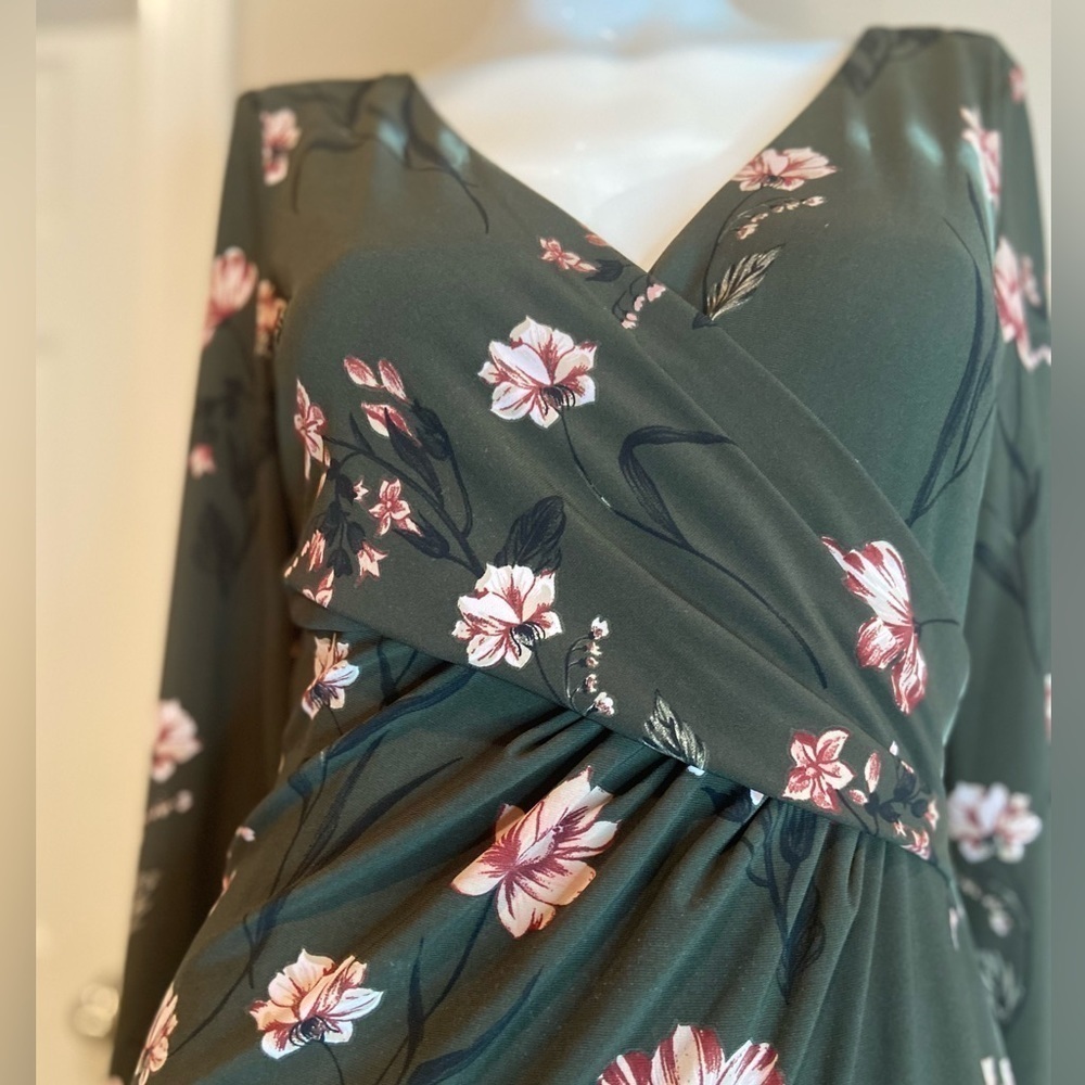 Lauren Ralph Lauren~Rich Deep Green Floral V-Neck Midi Sheath Dress~Size 4 - Picture 12 of 16